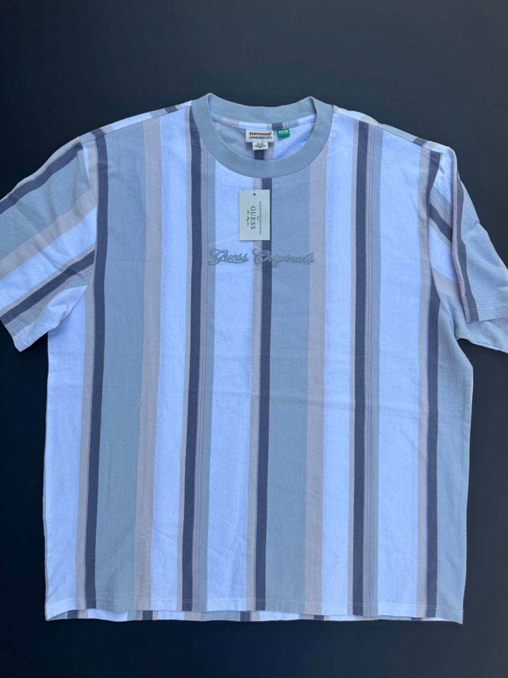 New GUESS ORIGINALS Men’s Blue Multi-Stripe Crew T-Shirt SZ M - Picture 1 of 5